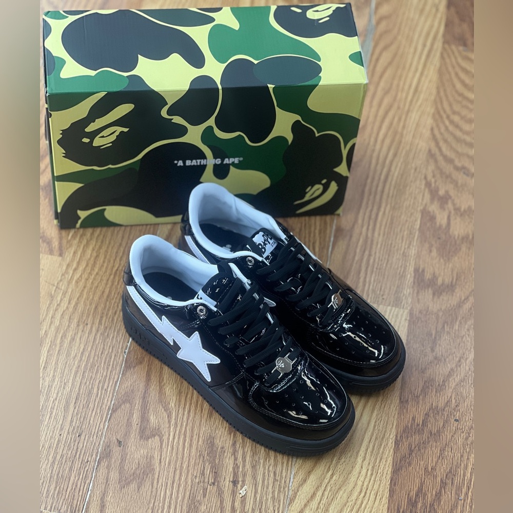 A Bathing Ape Bape Sta Black White Patent Leather Sneakers